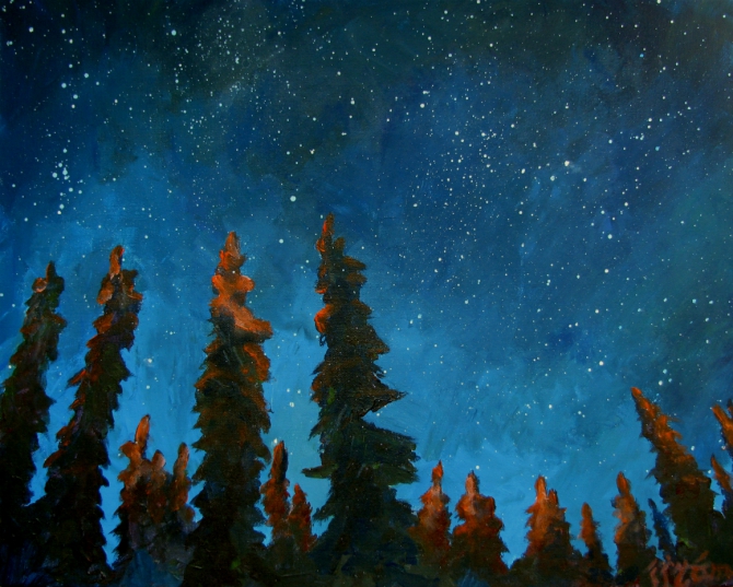 Звёзды в ночном лесу (ночь в лесу, рисование)