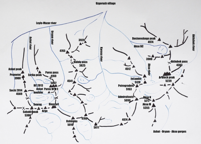 Карта схема ущелий Ашат - Урям - Аксу (Альпинизм, сабах, первовосхождение, новый район)