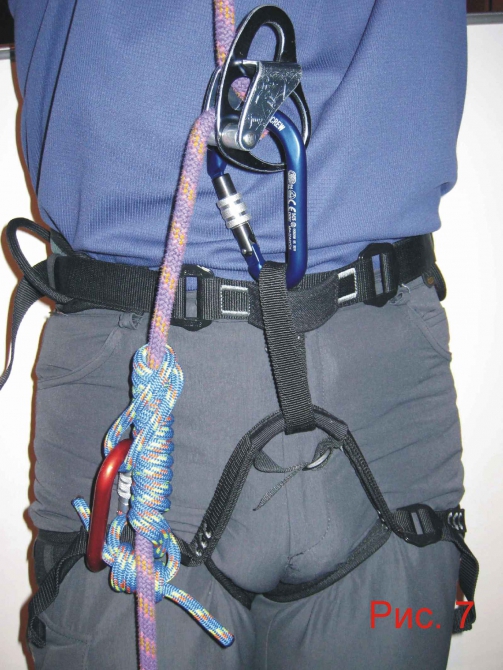 Применение узла «автоблок» для самостраховки при спуске по веревке в альпинизме. (самостраховка, дюльфер, безопасность)