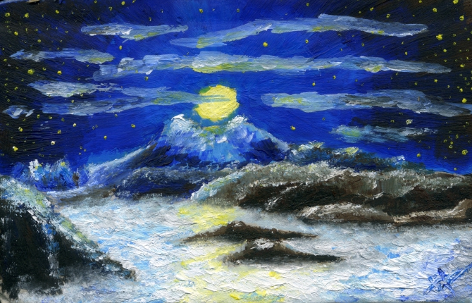 Полнолуние над Эльбрусом (живопись, картины, горы, масло, виктор чайка)