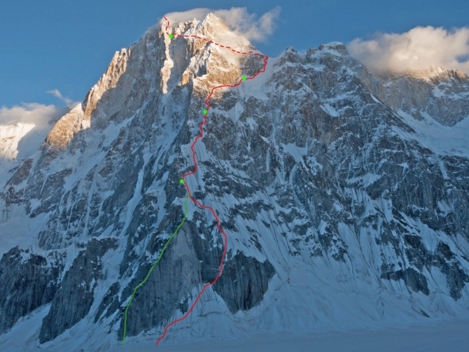 Томас Хубер, Симон Гетл и Янник Буассено возвращаются к северной стене Латок I (7145 м). (Альпинизм, северная стена, гуков, Чезен)