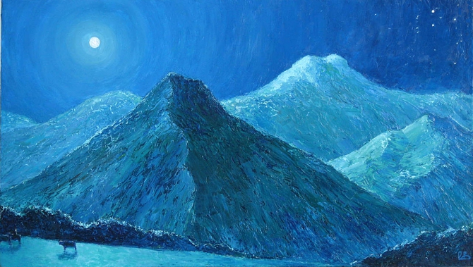 Аибга ночью с видом на Гагринский хребет и гору Ах-Аг. (Альпинизм, виктор воропаев, живопись)