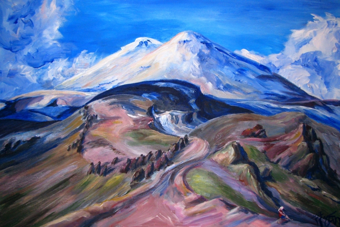 Горы, рисование: вид с Эльбруса и на Эльбрус (Альпинизм, семёрка, кавказ)